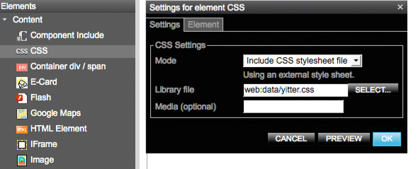 Settings for element CSS
