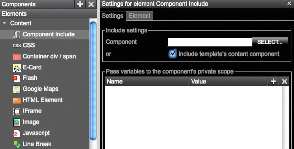 setting for element component include
