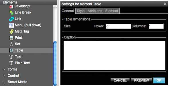 setting for element table
